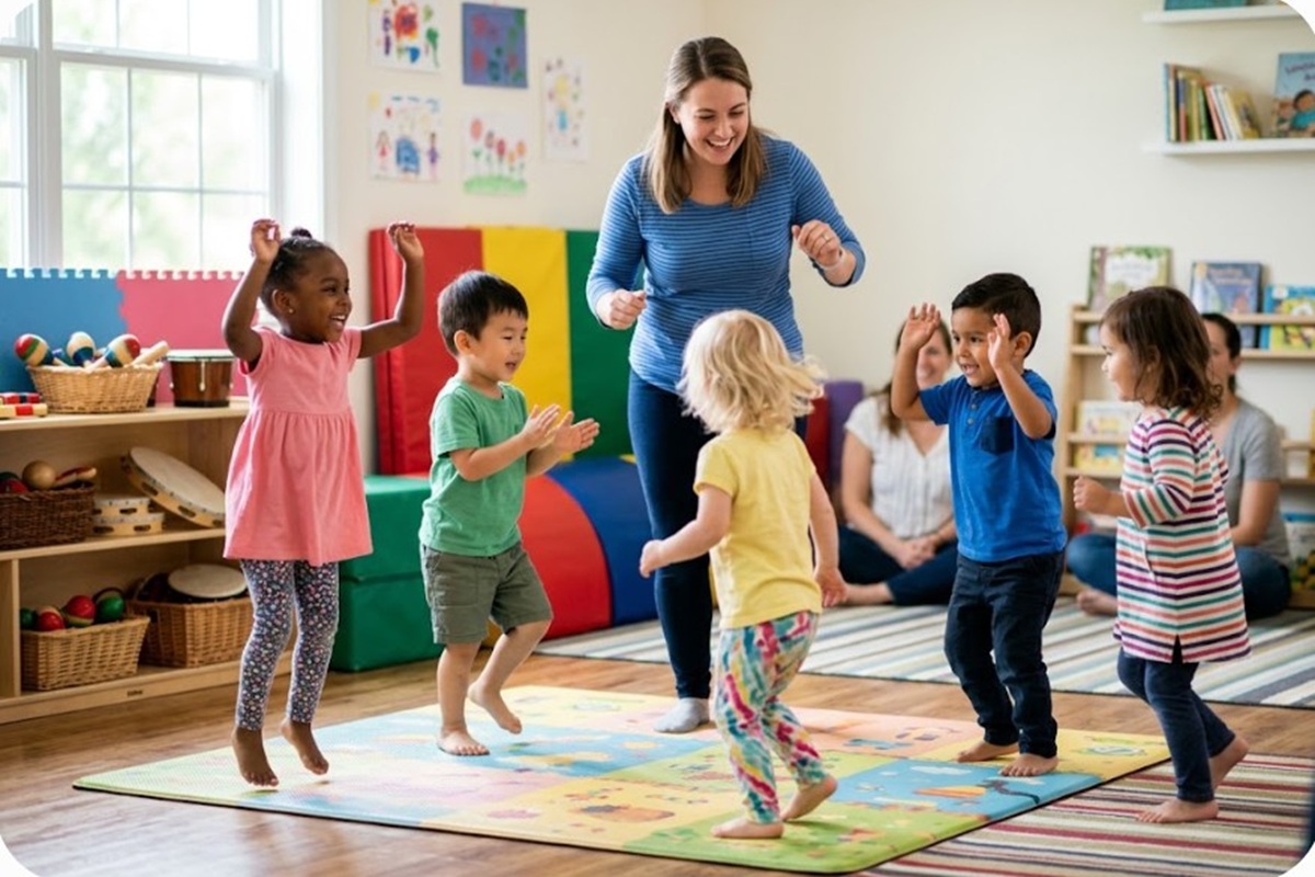 Des enfants en train de danser avec leurs professeurs