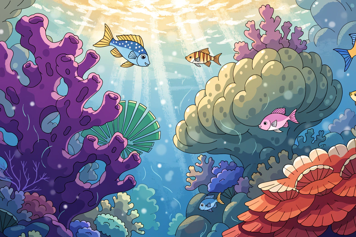 fond marin coloré et féérique évoquant l'univers du dessin animé Doraemon et le Château sous-marin 