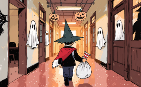 Couloir d'école décoré pour Halloween dans l'univers de Ducobu et le Fantôme de Saint-Potache
