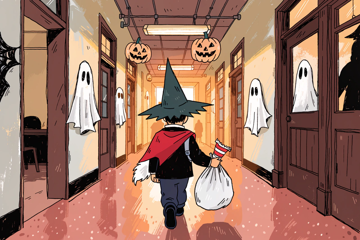 Couloir d'école décoré pour Halloween dans l'univers de Ducobu et le Fantôme de Saint-Potache