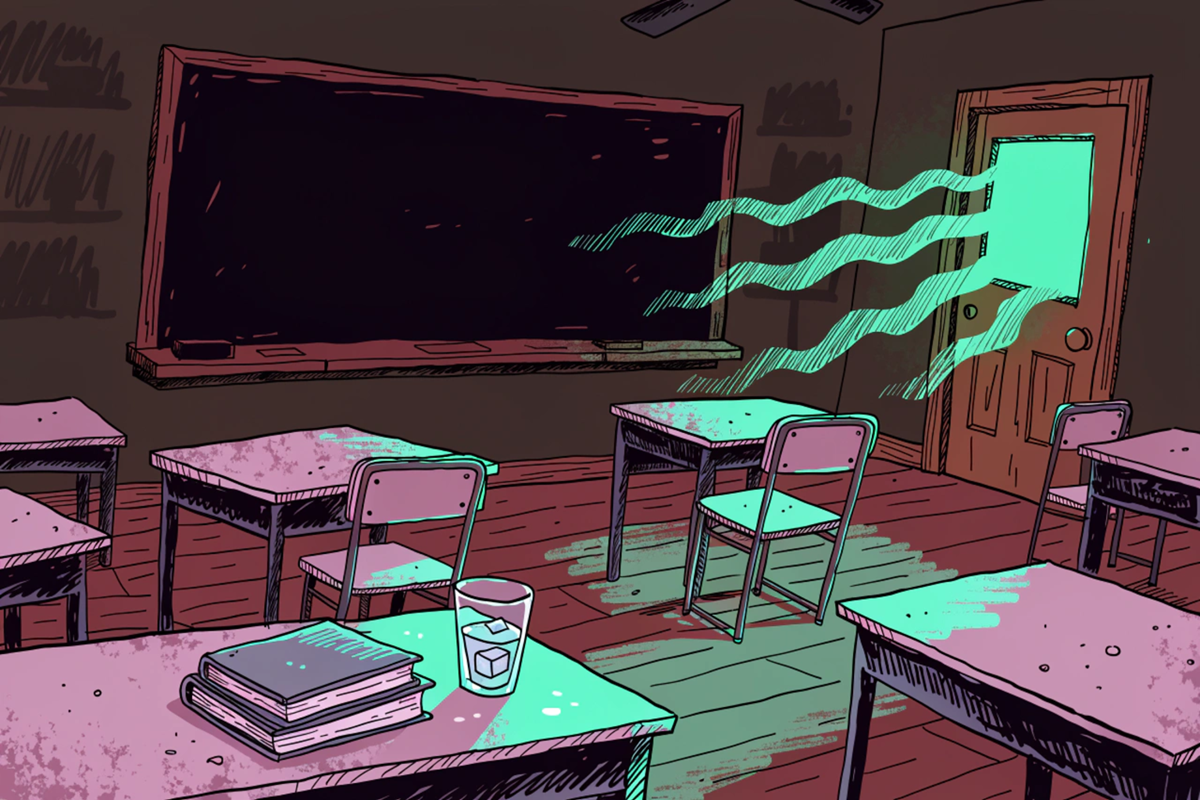 Salle de classe mystérieuse la nuit évoquant les fantômes de Ducobu à Halloween