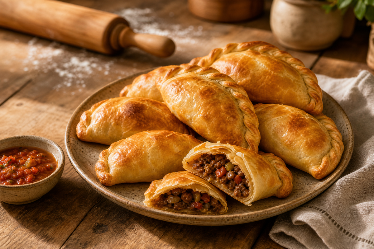 Empanadas dorées au four, garnies de viande hachée.