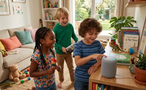 Des enfants avec une enceinte connectée