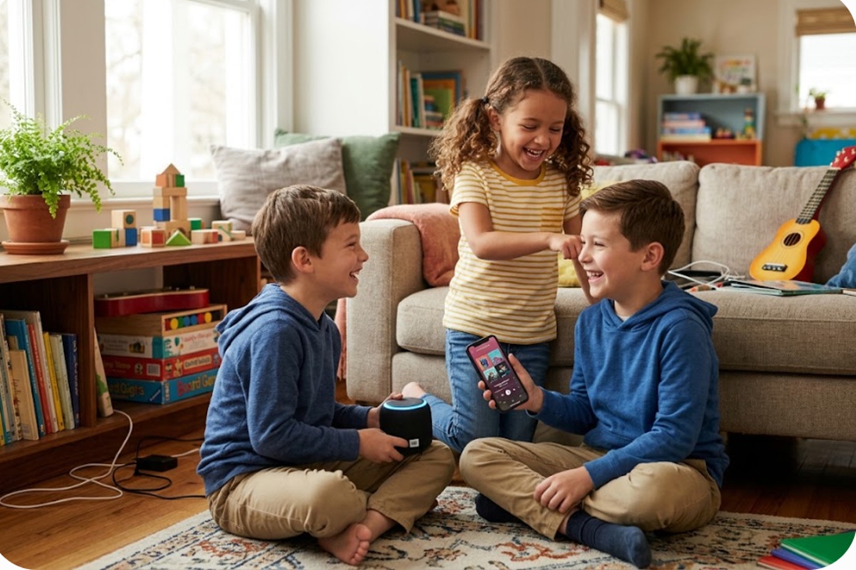 Des enfants avec une enceinte connectée