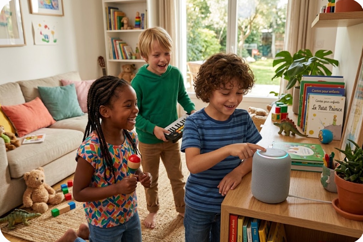 Des enfants avec une enceinte connectée