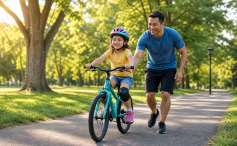 Une fille à vélo dans un parc, accompagnée par son père.