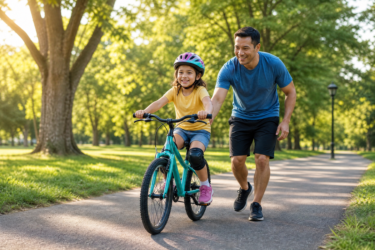  Une fille à vélo dans un parc, accompagnée par son père.