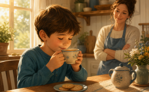 Enfant souriant buvant une boisson chaude avec sa mère.