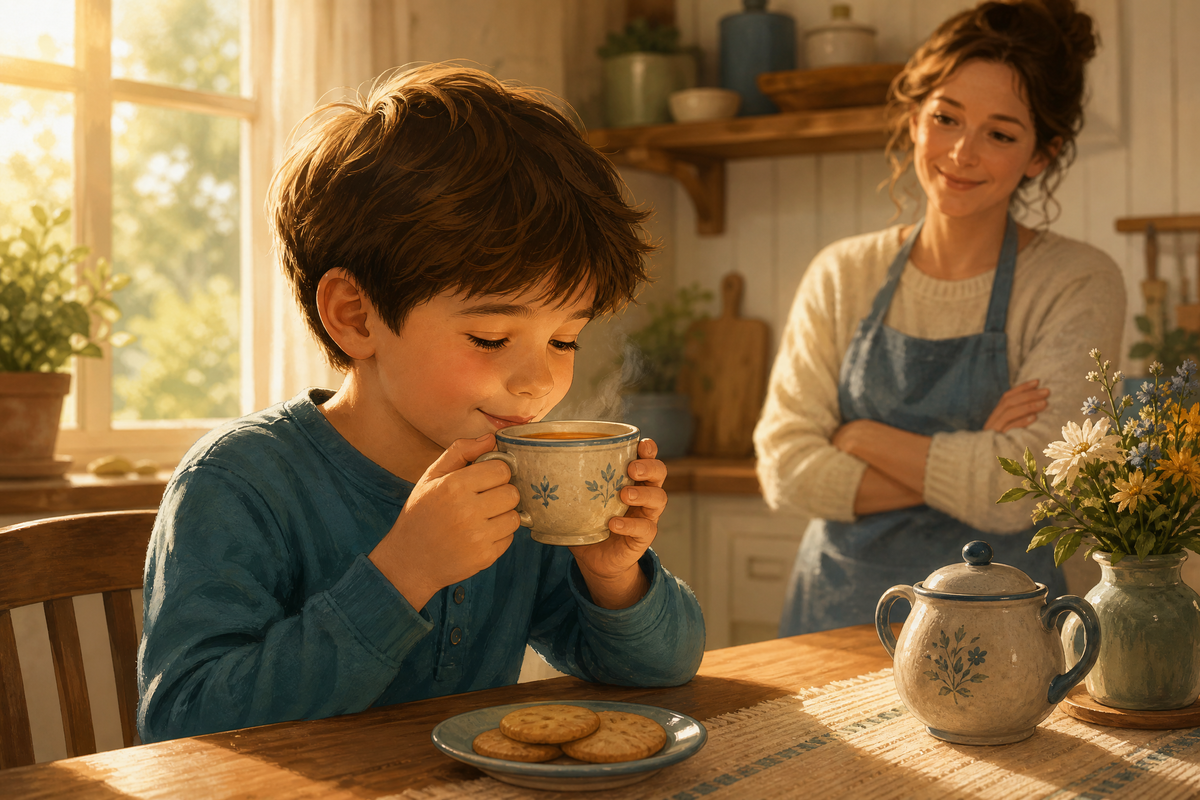 Enfant souriant buvant une boisson chaude avec sa mère.