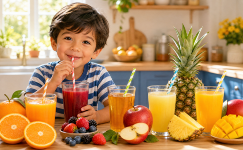 Un garçon boit un jus de fruit à table.