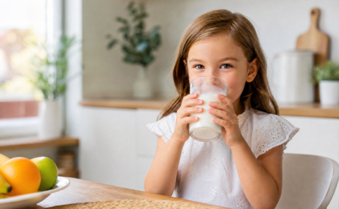 Une petite fille souriante assis à une table en bois et buvant un grand verre de lait frais.
