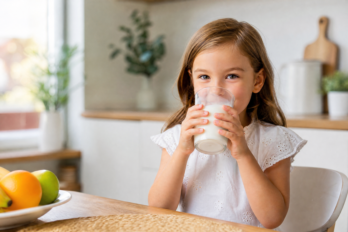 Une petite fille souriante assis à une table en bois et buvant un grand verre de lait frais.