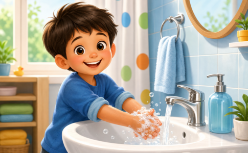 Un petit garçon tout sourire se lavant les mains avec de la mousse de savon au lavabo de la salle de bain.