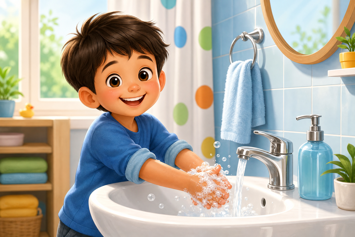 Un petit garçon tout sourire se lavant les mains avec de la mousse de savon au lavabo de la salle de bain.