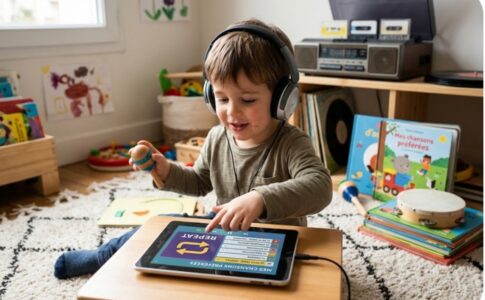 Un enfant écoutant de la musique sur une tablette