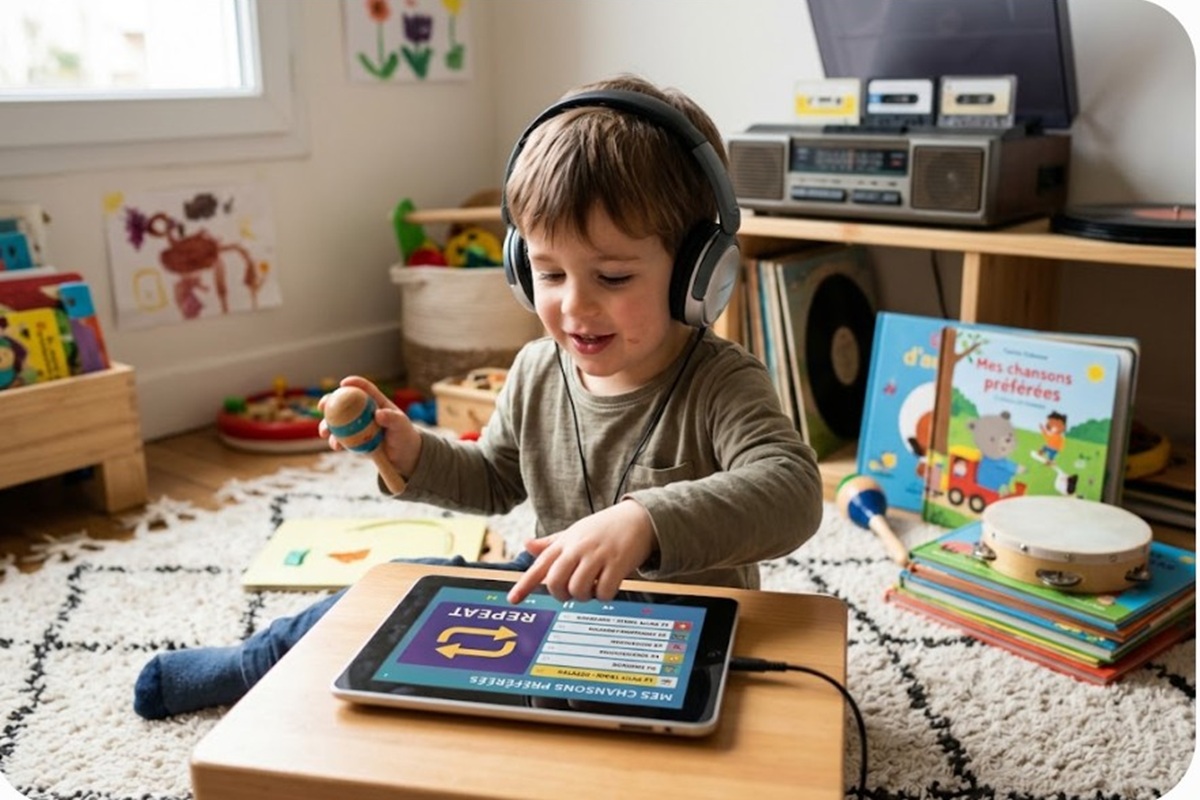 Un enfant écoutant de la musique sur une tablette