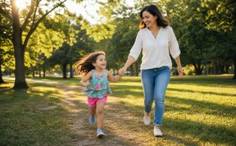Une petite fille court joyeusement dans un parc avec sa mère.