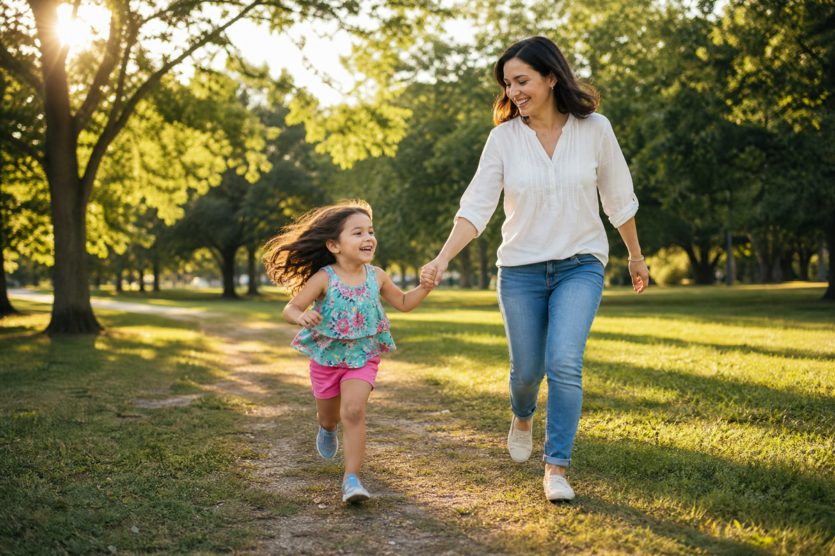 Une petite fille court joyeusement dans un parc avec sa mère.