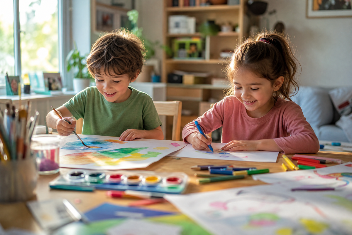 Deux jeunes enfants dessinant et peignant joyeusement sur une table.