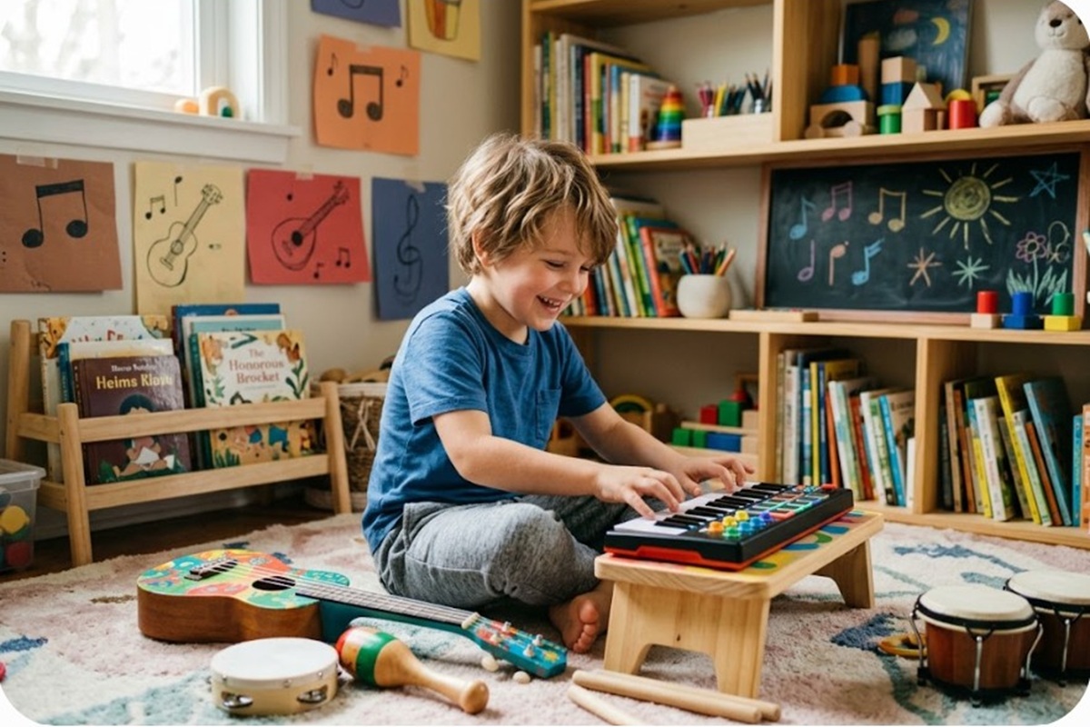 Un enfant s’amusant avec des jeux musicaux