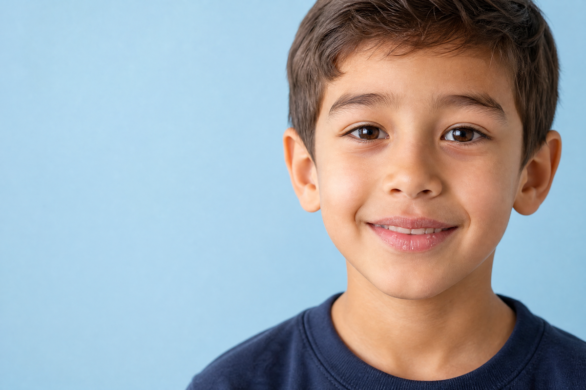  Garçon souriant aux lèvres sèches et légèrement gercées sur fond bleu.