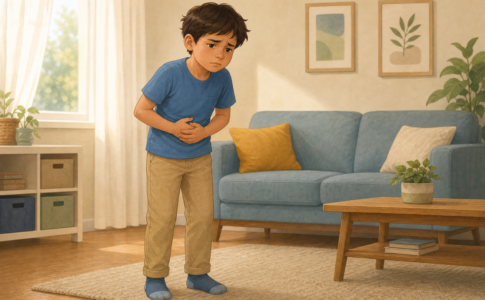Un jeune garçon debout dans un salon se tenant le ventre avec une expression de douleur.
