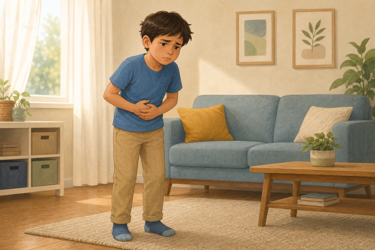 Un jeune garçon debout dans un salon se tenant le ventre avec une expression de douleur.