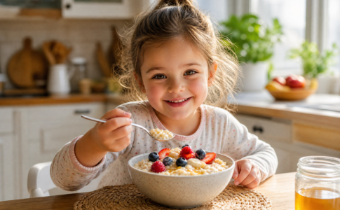 Petite fille souriante mangeant un bol de porridge d'avoine aux fruits frais.