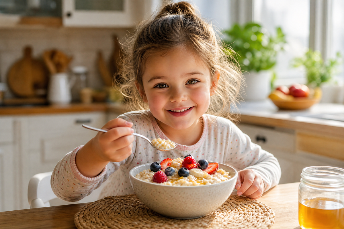 Petite fille souriante mangeant un bol de porridge d'avoine aux fruits frais.