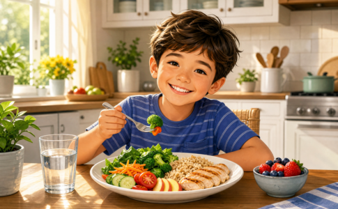 Un garçon mange un repas équilibré avec légumes, poulet et fruits.