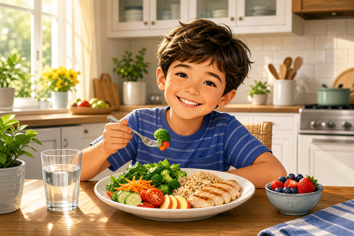 Un garçon mange un repas équilibré avec légumes, poulet et fruits.