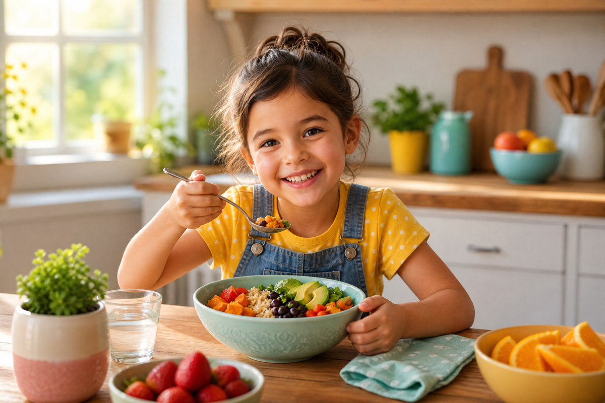  Petite fille souriante mangeant un repas équilibré à table.