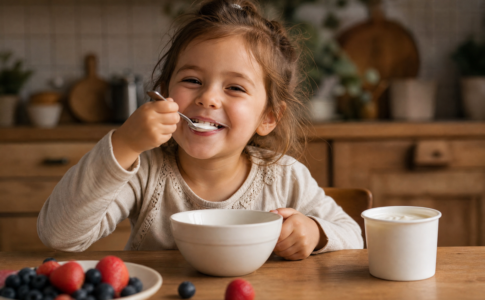 Petite fille souriante mangeant du yaourt avec une cuillère à table.