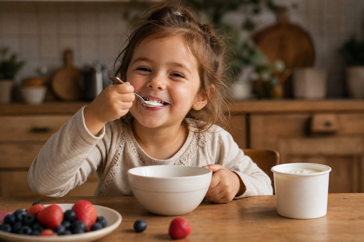 Petite fille souriante mangeant du yaourt avec une cuillère à table.