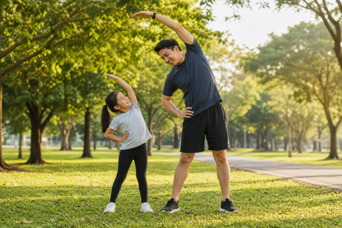  Un père et sa fille font des étirements doux dans un parc.