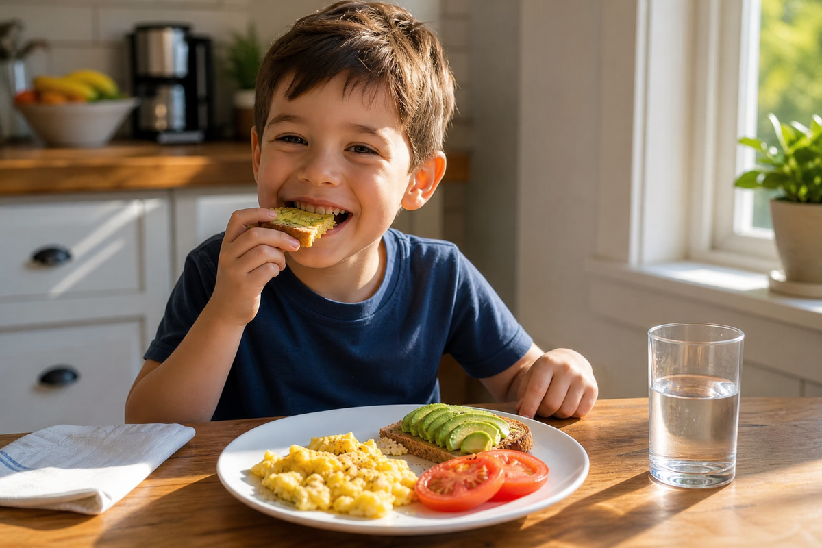 Petit garçon souriant mangeant une tartine au petit-déjeuner salé avec œufs brouillés, avocat et tomates.