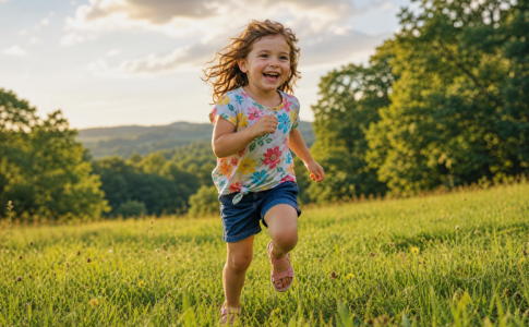 Une petite fille joyeuse qui court dans un champ d'herbe verte juste après avoir mangé.