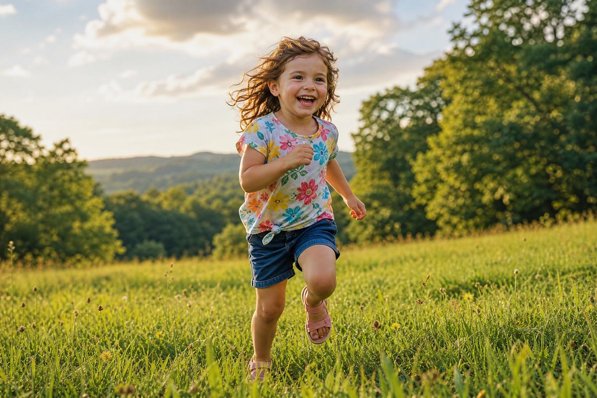  Une petite fille joyeuse qui court dans un champ d'herbe verte juste après avoir mangé.