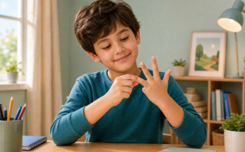 Un jeune garçon assis à son bureau en train de se faire craquer les doigts tout en regardant ses mains.
