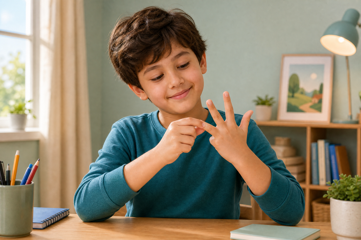 Un jeune garçon assis à son bureau en train de se faire craquer les doigts tout en regardant ses mains.