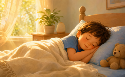 Jeune garçon dormant paisiblement avec son ours en peluche.