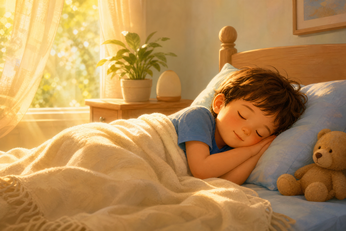 Jeune garçon dormant paisiblement avec son ours en peluche.