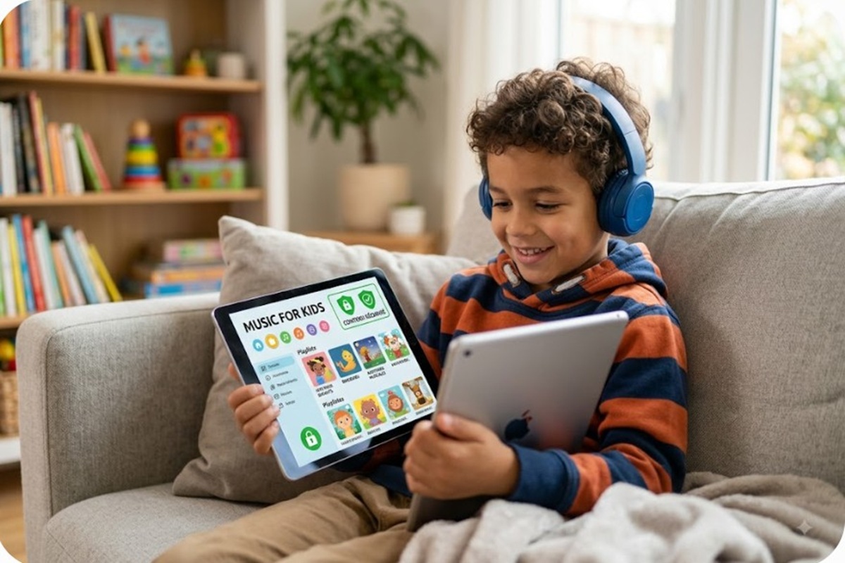 Un enfant avec des tablettes écoutant de la musique