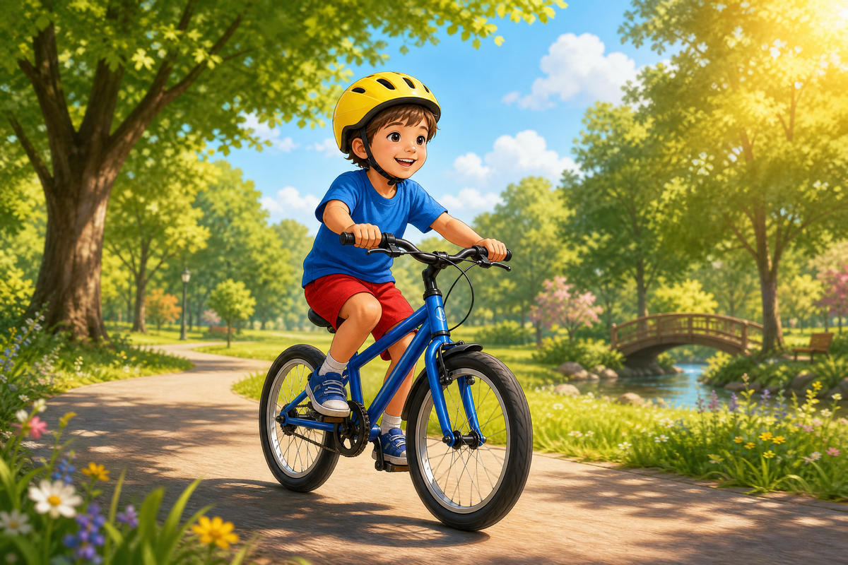  Un garçon à vélo sur un sentier ensoleillé.