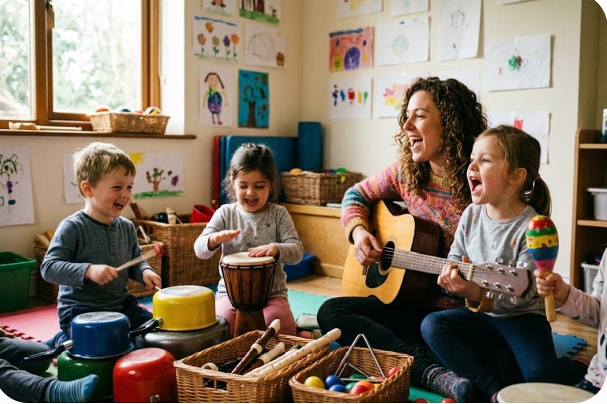 Des enfants en train de chanter avec des instruments de musique