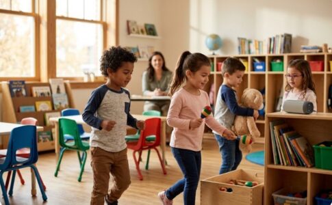Des enfants en train de ranger leurs jouets