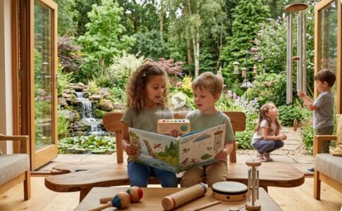 Des enfants écoutant les sons de la nature