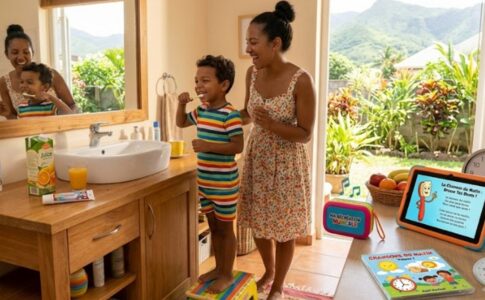 Un enfant écoutant de la musique le matin
