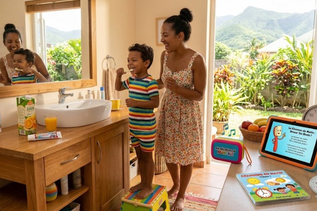 Un enfant écoutant de la musique le matin