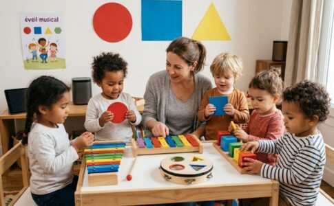 Des enfants apprenant les formes en écoutant de la musique